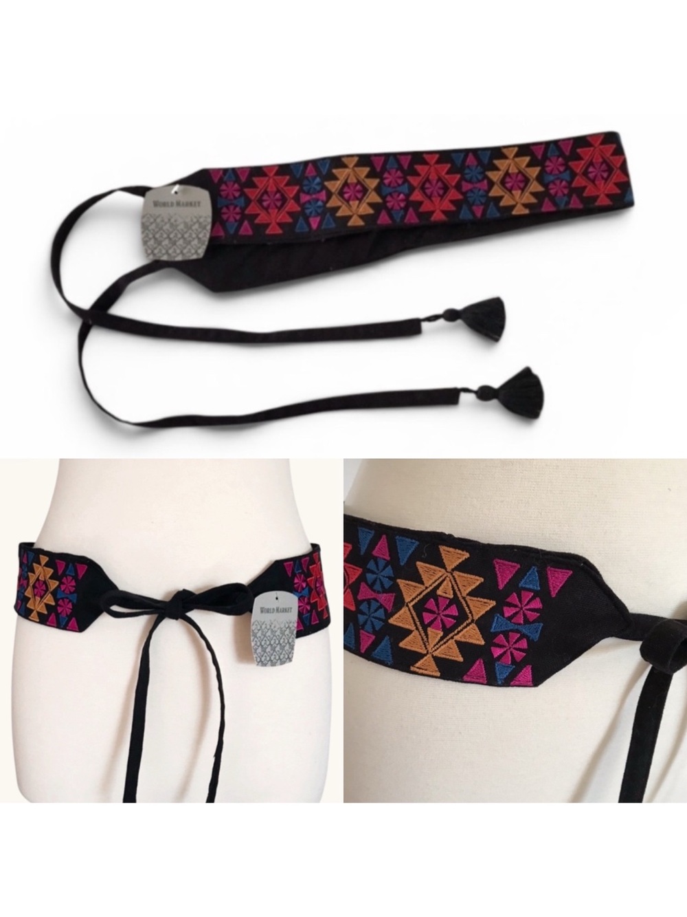 WORLD MARKET Boho Tassel Embroidered Geometric Pattern Obi Belt OS Multicolor